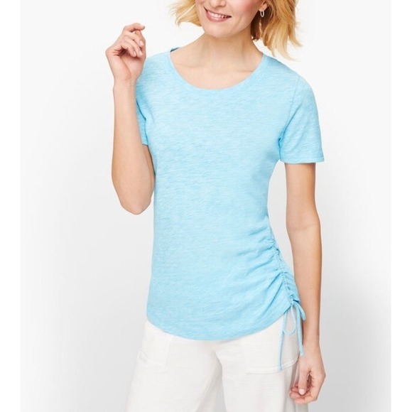 Talbots Jersey Side Drawstring Baby Blue Short Sleeve Size Large Tshirt Casusl - Picture 1 of 6